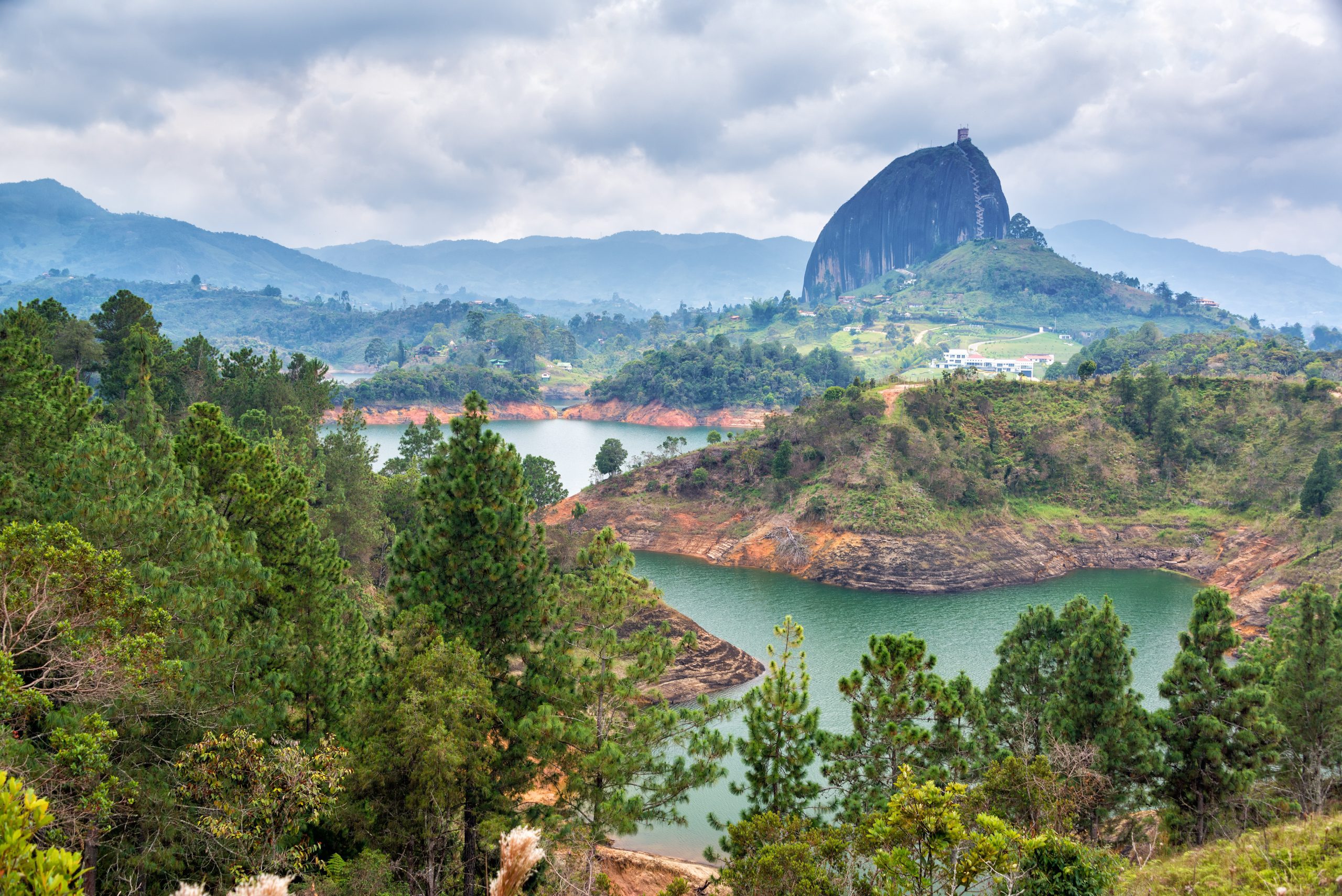 Panoramic view from El Peñol rock overlooking Guatapé reservoir Colombia